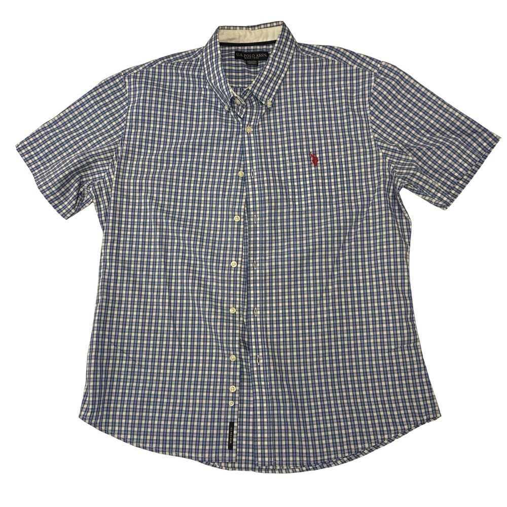 US Polo Assn Mens XL Short Sleeve Gingham Button Down Shirt Blue White Check